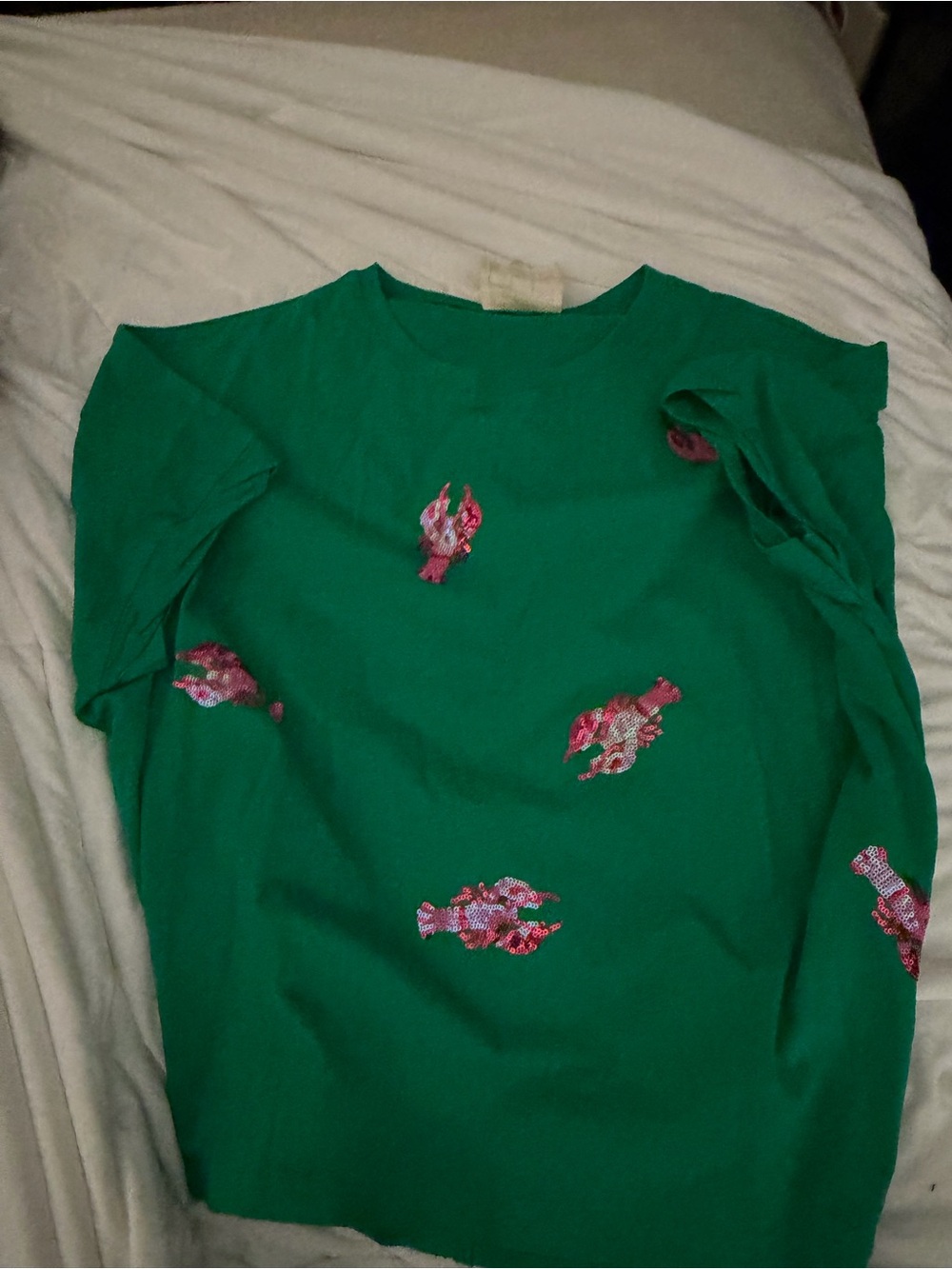 Fantastic Fawn | Sequined Lobster Oversized Tee  | Green & Pink | Medium - Picture 4 of 6